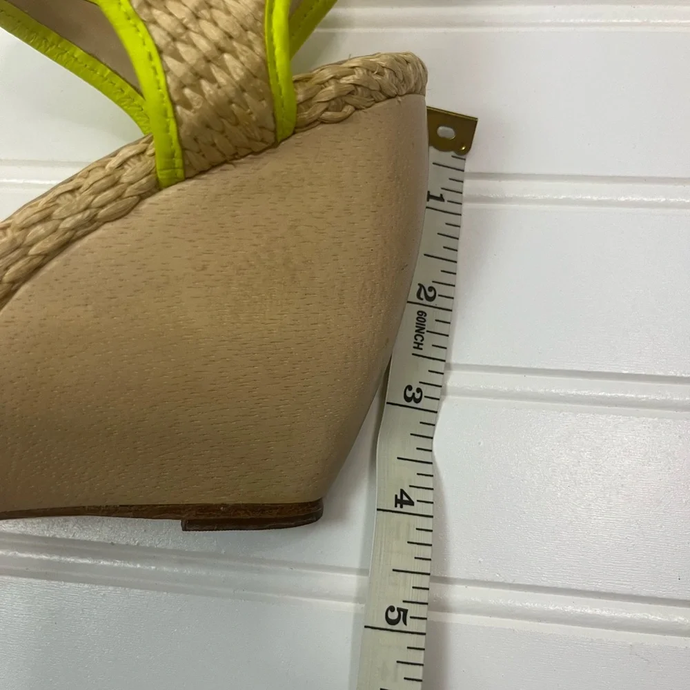 Loeffler Randall 5.5B Wedge Sandals Neon Trim Raffia Straw Peep Toe‎ Shoes
